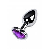 Серебристая коническая анальная пробка с фиолетовым кристаллом-сердечком - 7 см. - ToyFa - купить с доставкой в Симферополе