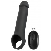 Черная вибронасадка для пениса с хомутом для мошонки и пультом ДУ Remote Controlled Penis Extension - Orion - в Симферополе купить с доставкой