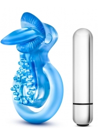 Голубое эрекционное виброкольцо 10 Function Vibrating Tongue Ring - Blush Novelties - в Симферополе купить с доставкой