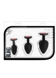 Набор черных анальных пробок с красным кристаллом-сердечком Bling Plugs Training Kit - Blush Novelties - купить с доставкой в Симферополе