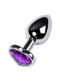 Серебристая коническая анальная пробка с фиолетовым кристаллом-сердечком - 7 см. - ToyFa - купить с доставкой в Симферополе