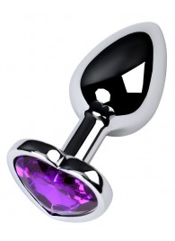 Серебристая коническая анальная пробка с фиолетовым кристаллом-сердечком - 7 см. - ToyFa - купить с доставкой в Симферополе