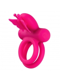 Розовое эрекционное виброкольцо Silicone Rechargeable Dual Butterfly Ring - California Exotic Novelties - в Симферополе купить с доставкой