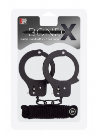 Чёрные наручники из листового металла в комплекте с веревкой BONDX METAL CUFFS LOVE ROPE SET - Dream Toys - купить с доставкой в Симферополе