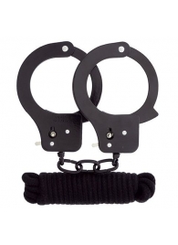 Чёрные наручники из листового металла в комплекте с веревкой BONDX METAL CUFFS LOVE ROPE SET - Dream Toys - купить с доставкой в Симферополе