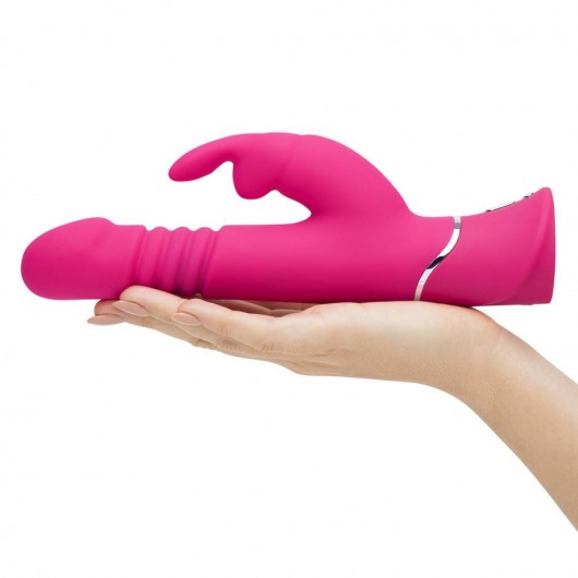 Розовый вибратор Thrusting Realistic Rechargeable Rabbit Vibrator с имитацией толчков - 22,8 см. - Happy Rabbit