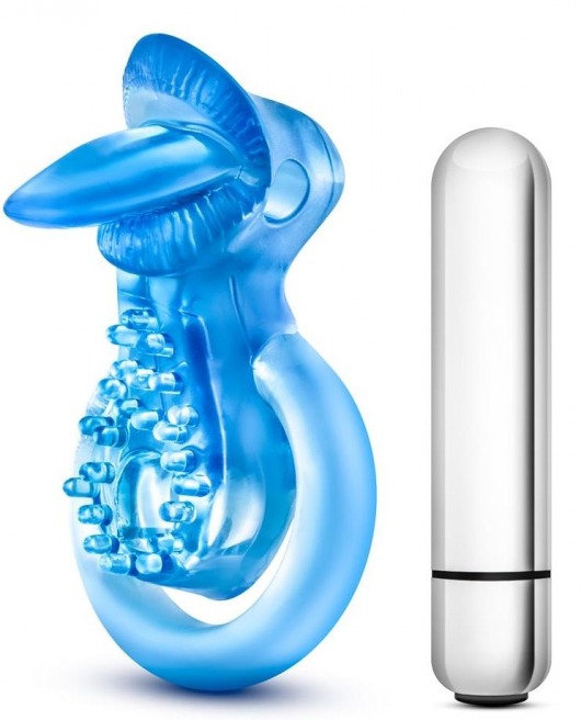 Голубое эрекционное виброкольцо 10 Function Vibrating Tongue Ring - Blush Novelties - в Симферополе купить с доставкой