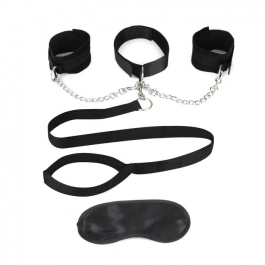 Чёрный ошейник с наручниками и поводком Collar Cuffs   Leash Set - Lux Fetish - купить с доставкой в Симферополе