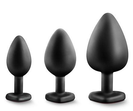Набор черных анальных пробок с красным кристаллом-сердечком Bling Plugs Training Kit - Blush Novelties - купить с доставкой в Симферополе