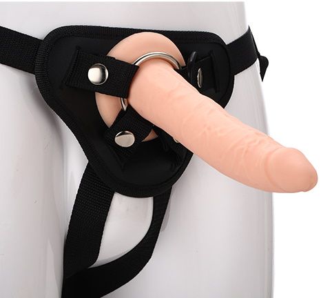 Телесный страпон на черных трусиках STRAP ON REAL DILDO - 20 см. - Dream Toys - купить с доставкой в Симферополе