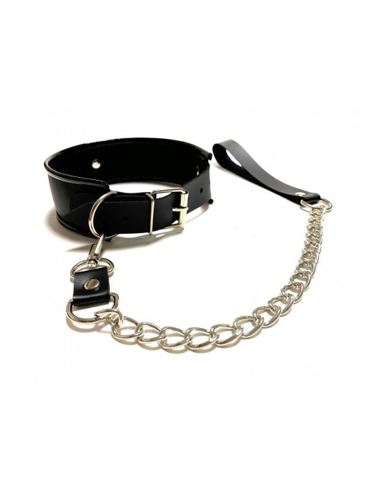 Черный ошейник с поводком из эко-кожи - БДСМ Арсенал - купить с доставкой в Симферополе