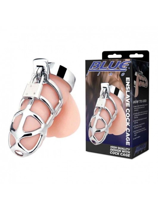Серебристая металлическая клетка для члена с замком Enslave Cock Cage - BlueLine - купить с доставкой в Симферополе