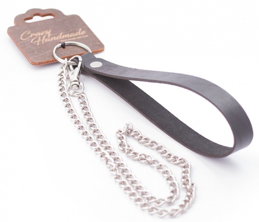Серебристый металлический поводок с кожаной черной ручкой - 80 см. - Crazy Handmade - купить с доставкой в Симферополе
