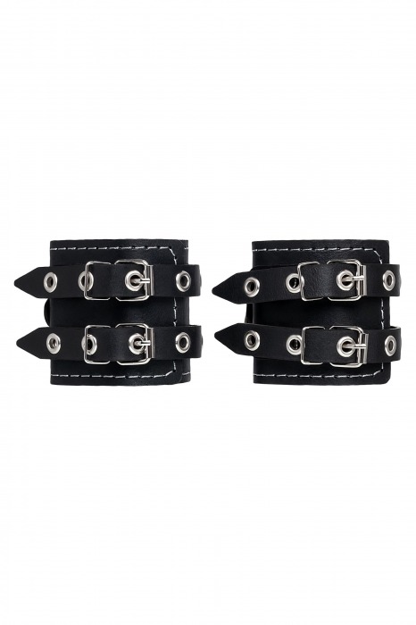 Черные кожаные наручники с двумя ремнями и красной подкладкой - Pecado - купить с доставкой в Симферополе