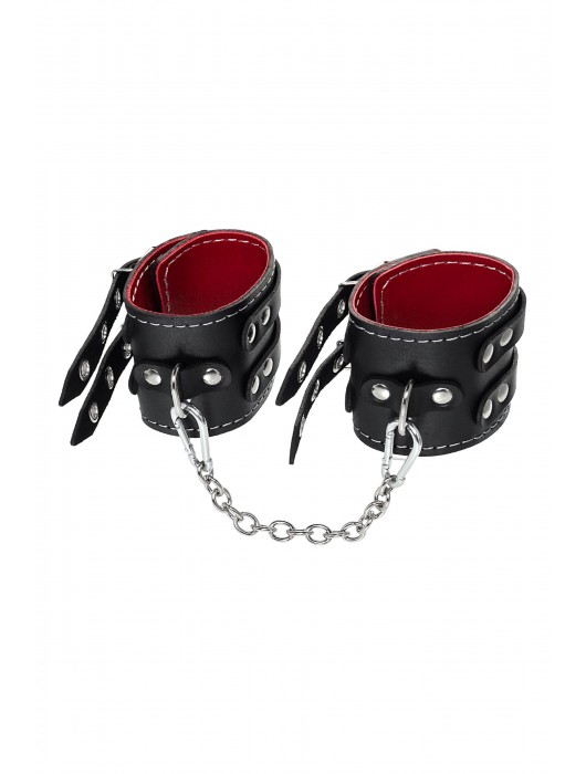 Черные кожаные оковы с двумя ремнями и красной подкладкой - Pecado - купить с доставкой в Симферополе