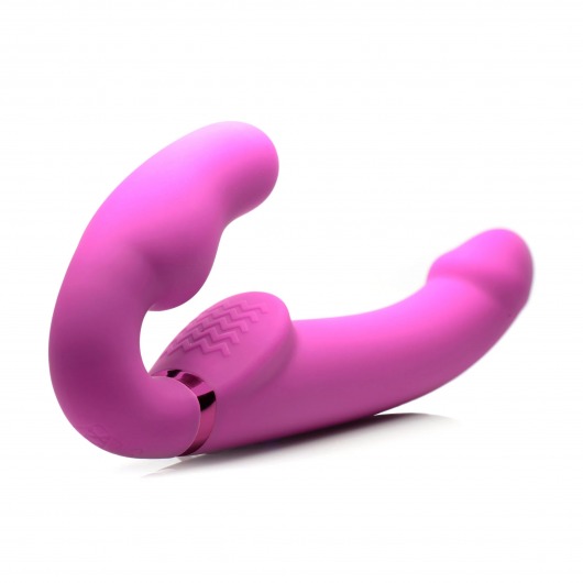 Розовый безремневой страпон с вибрацией и функцией расширения Inflatable Ergo-Fit Strapless Strap-On - XR Brands - купить с доставкой в Симферополе