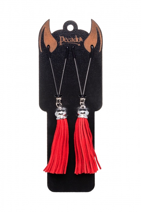 Зажимы на соски «Вилки» с красными кисточками из замши - Pecado - купить с доставкой в Симферополе