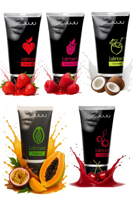 Набор из 5 съедобных лубрикантов JUJU (клубника, малина, тропические фрукты, вишня, кокос) - JuJu - купить с доставкой в Симферополе Набор из 5 съедобных лубрикантов JUJU (клубника, малина, тропические фрукты, вишня, кокос) - JuJu - купить с доставкой в Симферополе