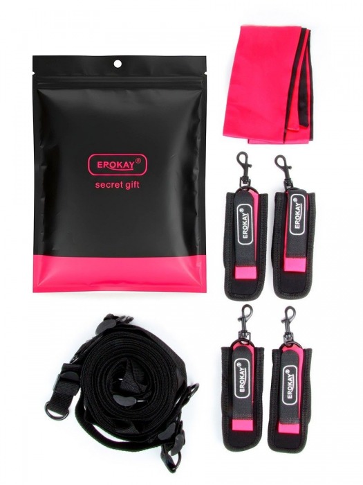 Черно-розовый эротический набор: фиксатор, оковы, наручники, повязка - Erokay - купить с доставкой в Симферополе